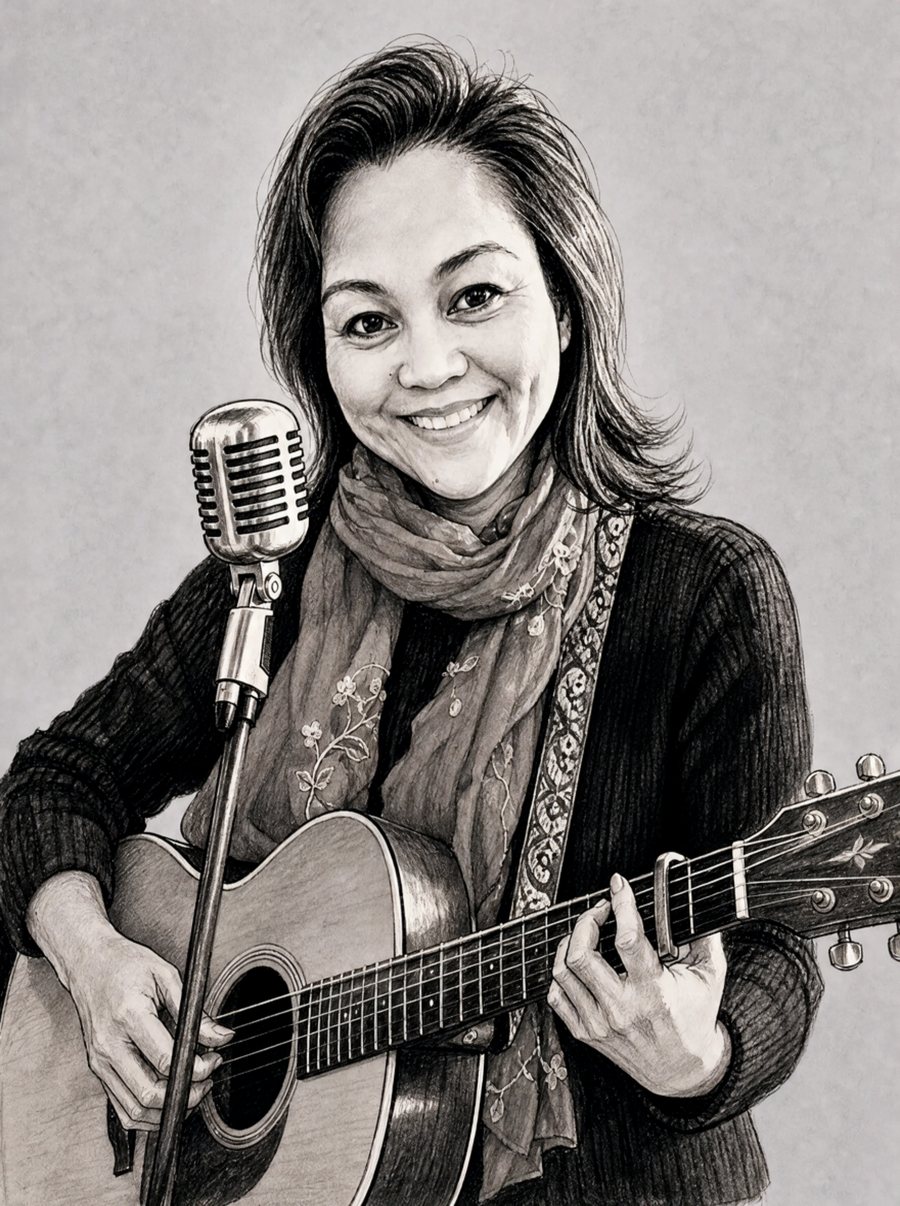 Caricature of Glenda singing and playing acoustic guitar