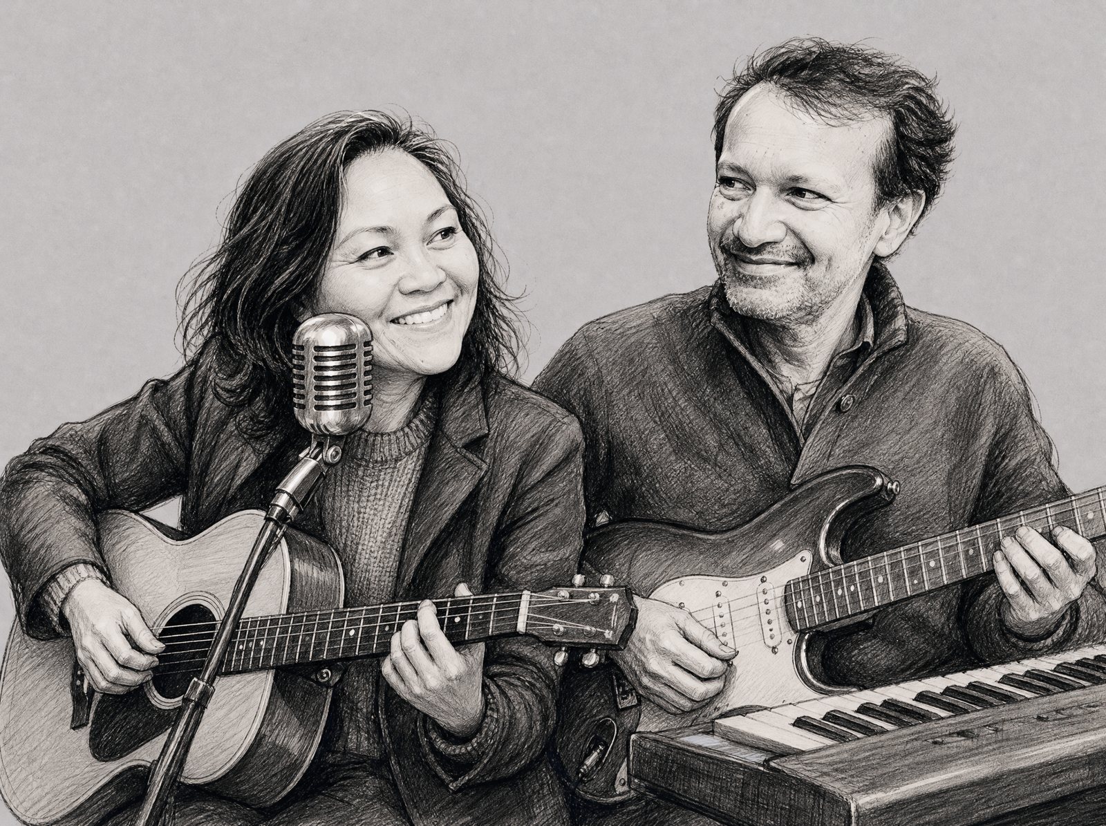 Caricature of Glenda on acoustic guitar and vocals and Rashid on electric guitar and keys