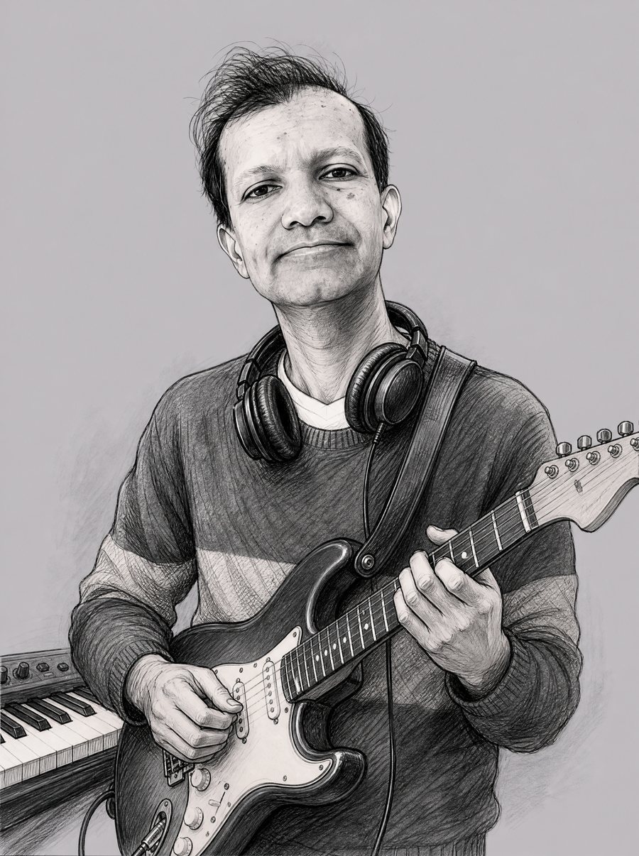 Caricature of Rashid playing electric guitar beside a keyboard